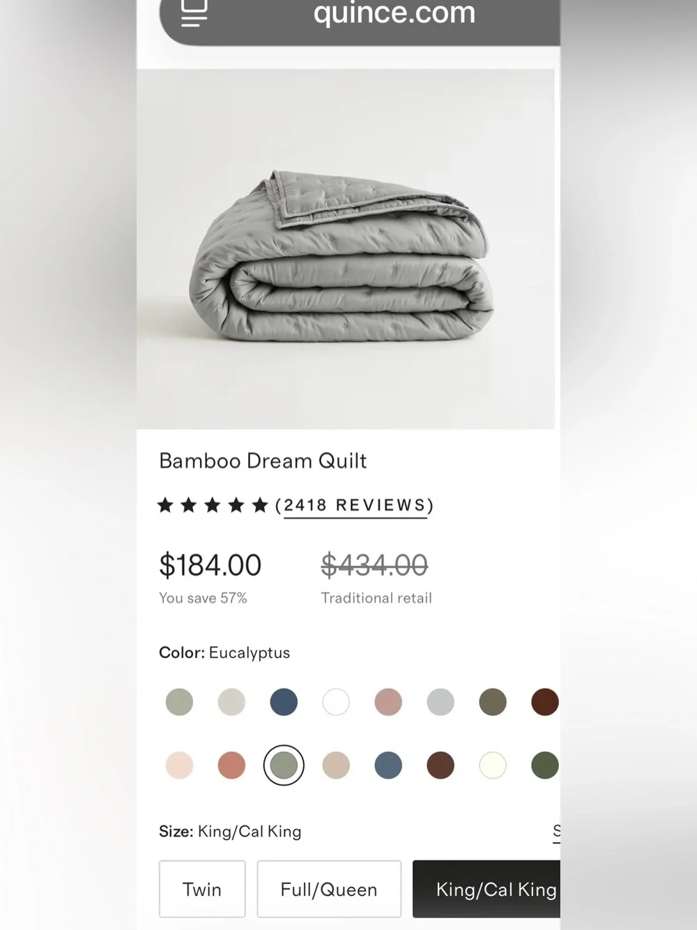 NWT Quince Bamboo Dream Quilt, King/Cal (Eucalyptus)